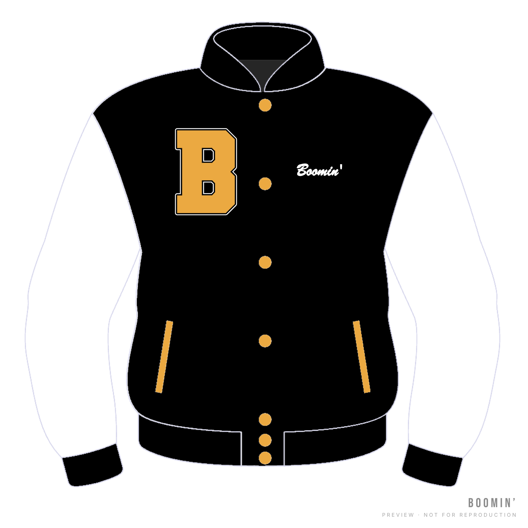 Boomin' custom varsity jacket with black wool body, cream leather sleeves and a gold varsity B on the left chest